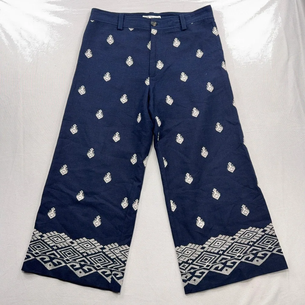 Zara Pants Embroidered Linen Blend Wide Leg Cropped Navy Blue Women XL